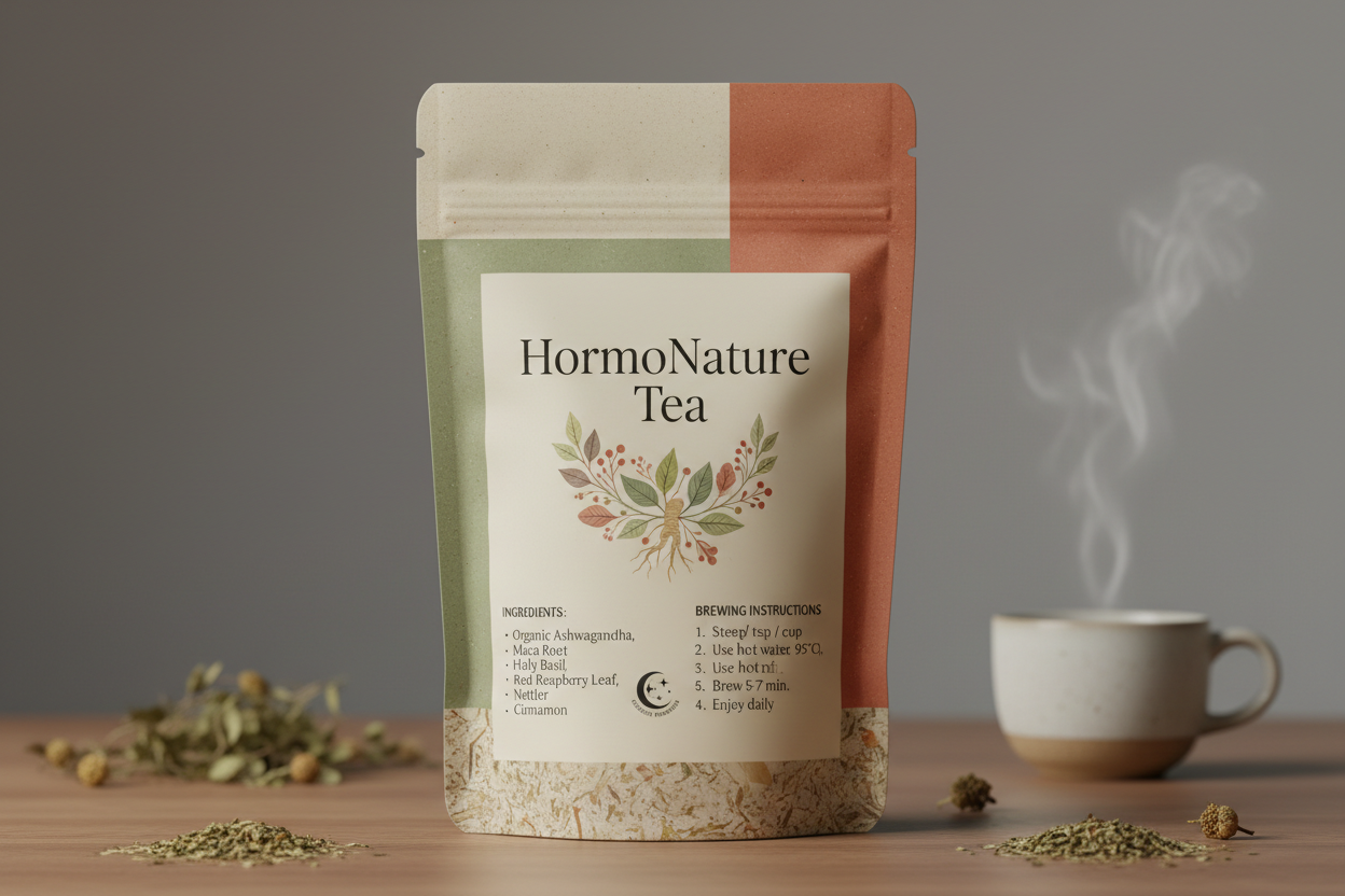 HormoNature tea that comes in a package of pouch that is written ingredients and instructions and together with a ne pf store goddess remedies 