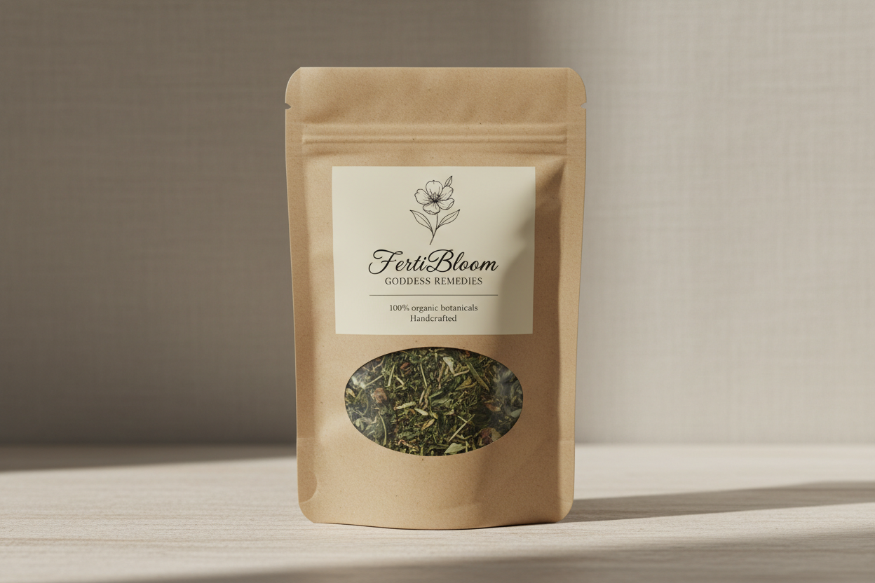 The pouch has a minimalist beige/brown kraft look, giving it a clean, organic, handcrafted feel.

At the top front, there is a simple and elegant label with:

A delicate line-art flower illustration.

The product name “FertiBloom"

Store name being Goddess Remedies 


Notes: 100% organic botanicals and Handcrafted.

The bottom portion of the pouch has a clear oval window, revealing a green mix of dried herbs and botanicals,